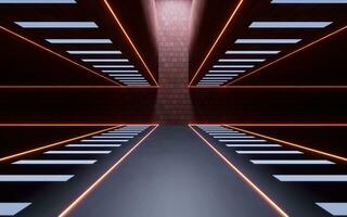 Dark brick room with neon lines, 3d rendering. photo