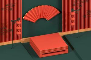 Chinese style end table and decorative background, 3d rendering. photo