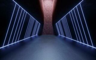 Dark brick room with neon lines, 3d rendering. photo