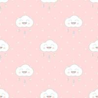 Cute seamless cloud pattern decorated with rain and polka dots on a pink background in a pastel theme. vector
