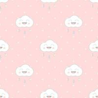 Cute seamless cloud pattern decorated with rain and polka dots on a pink background in a pastel theme. vector