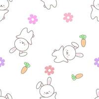 Cute seamless white rabbit on a white background decorated with carrots and flowers. vector