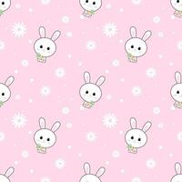 Cute rabbits with flowers and circles seamless pattern on pink background. vector