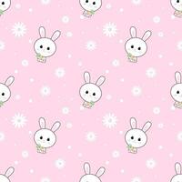 Cute rabbits with flowers and circles seamless pattern on pink background. vector