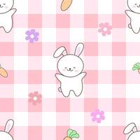 Cute seamless pattern white rabbits on pink plaid decorated with cute carrots and flowers. vector