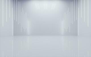 White empty room with glowing neon lines, 3d rendering. photo