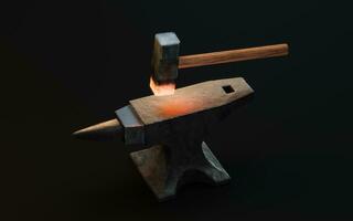 Anvil and hot hammer, 3d rendering. photo