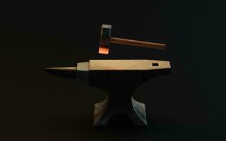 Anvil and hot hammer, 3d rendering. photo