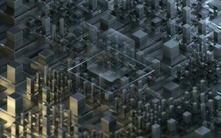 Technological cubes with black background, 3d rendering. photo