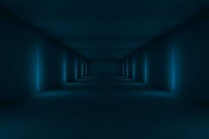 Blue dark tunnel with lights aside, 3d rendering. photo