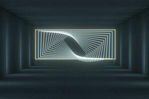 Glowing rectangle lines in the dark tunnel, 3d rendering. photo