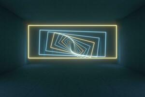 Glowing rectangle lines in the dark tunnel, 3d rendering. photo