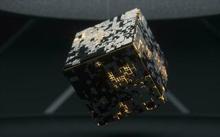 Cubes and materials with dark room, 3d rendering. photo