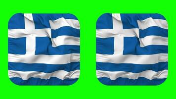 Grecia bandera en escudero forma aislado con llanura y bache textura, 3d representación, verde pantalla, alfa mate video