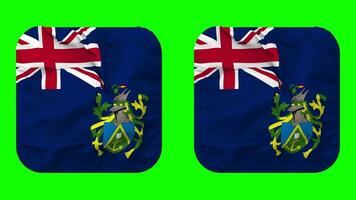 pitcairn islas bandera en escudero forma aislado con llanura y bache textura, 3d representación, verde pantalla, alfa mate video
