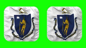 estado de Massachusetts bandera en escudero forma aislado con llanura y bache textura, 3d representación, verde pantalla, alfa mate video