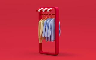 algunos ropa y teléfono marco con rojo fondo, 3d representación. foto