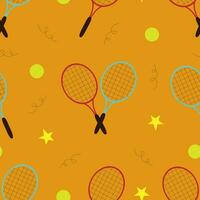 Vector seamless pattern with tennis rackets and balls in cartoon style. Vector tennis background