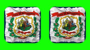 estado de Oeste Virginia bandera en escudero forma aislado con llanura y bache textura, 3d representación, verde pantalla, alfa mate video