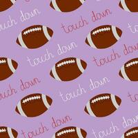 Vector seamless pattern with rugby balls and touch down slogan in cartoon style. American football pattern