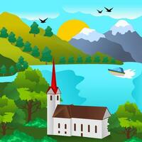 beautiful mountain view with green trees in a lakeside villa vector