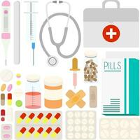 Vector medical clip art with first aid kit, pills, stethoscope