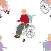 Vector seamless pattern with old man and woman characters in wheelchairs in cartoon style