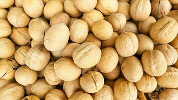 Background of ripe whole walnuts. Nuts on the market counter. photo