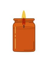 Scented burning wax candle in a glass jar. Home aromatherapy, home decoration. Vector isolated illustration