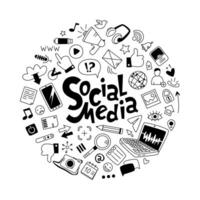 Vector doodles on the theme of social networks. Linear illustrations with inscription social media