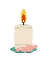 Scented burning wax candle with a flower. Home aromatherapy, home decoration. Vector isolated illustration