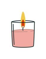 Scented burning wax candle in a glass container. Home aromatherapy, home decoration. Vector isolated illustration