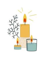 Scented wax candles in different sizes with a sprig. Home aromatherapy, home decoration. Vector isolated illustration