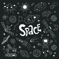 Hand drawn set of space objects with satellite, stars, meteorites, planets, lunar rover and astronaut on black background. Vector collection of doodles.