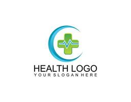 Modern Healthcare Medical Logo. Blue and Green Geometric Linear Rounded Cross Sign Health Icon Infinity Style isolated on Dark Background. Flat Vector Logo Design Template Element.