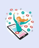 A girl with raised hands rejoices at the victory in a social network. Social media endorsement. Popularity on the Internet. Blogger. Flat vector illustration.