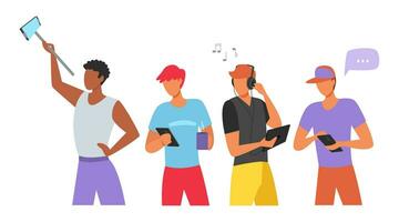 Young men using a smartphone. They communicate through social networks. Vector illustration in flat style