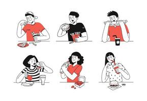 conjunto de contento personas comiendo delicioso rápido alimento. malo bocadillo. insalubre estilo de vida. vector Moda plano ilustración