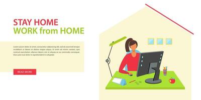 Home office concept, woman working from home sitting at the desk, freelancer or student. Landing page template, web banner. Vector illustration in flat style