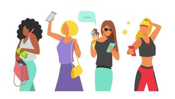 Young women using a smartphone. They communicate through social networks. Vector illustration in flat style