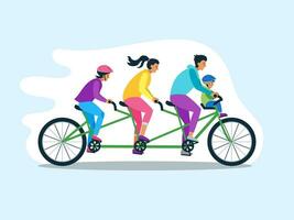 Tandem family, bike, together, flat vector. Time together. Dad, mom, brother, sister ride a tandem, a bicycle. vector