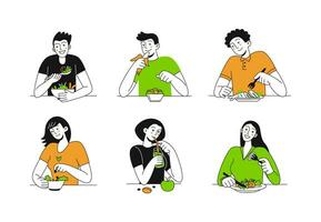 Set of happy people who eat delicious healthy food. Balanced menu. Diet. Healthy lifestyle. Vector trendy flat illustration
