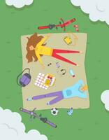 un chico y un niña relajarse en naturaleza, un eco picnic, en el verde parque. descansar, fin de semana. un hombre y un mujer mentira en un frazada. vector plano dibujos animados ilustración