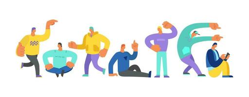 A set of guys in casual clothes in different poses. A man walks, points, moves, sits. Characters for your project. Flat vector illustration in flat style