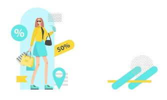 Happy young woman enjoying sales and holding shopping bags. Shopping concept for web banner. Vector flat illustration