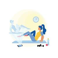 Fitness online course landing page template concept. The girl is engaged in fitness at home in online classes using her smartphone. Vector flat cartoon illustration