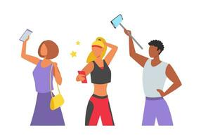 People of different nationalities using a smartphone. They communicate through social networks, take selfies. Men and women with gadgets. Vector illustration in flat style