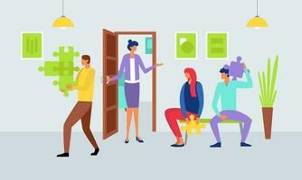 People in line to visit the psychologist's office. The doctor invites you to a session of psychotherapy, counseling, to connect puzzles. Vector flat illustration.