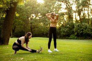 dos bonito joven mujer extensión en el parque foto