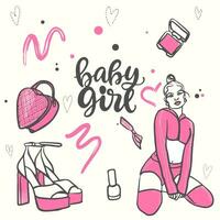 Fashion girl, pink doodle style doll accessories set vector